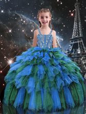Superior Blue Ball Gowns Beading and Ruffles Little Girl Pageant Gowns Lace Up Tulle Sleeveless Floor Length