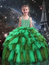Sweet Ball Gowns Pageant Gowns For Girls Apple Green Straps Tulle Sleeveless Floor Length Lace Up