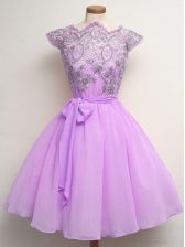 Attractive Lilac Lace Up Dama Dress Lace and Belt Cap Sleeves Knee Length