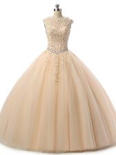 Nice Sleeveless Floor Length Beading and Lace Lace Up Quinceanera Gown with Champagne