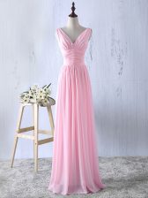  Empire Dama Dress for Quinceanera Baby Pink V-neck Chiffon Sleeveless Floor Length Zipper
