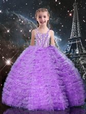  Eggplant Purple Lace Up Kids Formal Wear Beading and Ruffles and Ruffled Layers Sleeveless Floor Length