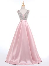 Attractive Baby Pink Prom Dress V-neck Sleeveless Brush Train Backless