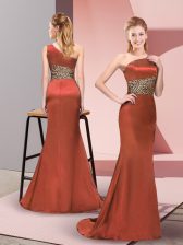  Rust Red One Shoulder Side Zipper Pattern Dress for Prom Sleeveless