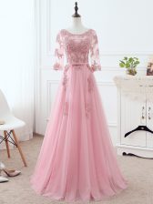 Fantastic Floor Length Pink Prom Dress Scoop 3 4 Length Sleeve Lace Up