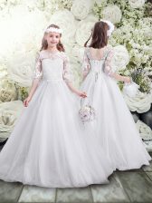 Artistic White Scoop Neckline Lace Flower Girl Dresses Half Sleeves Lace Up
