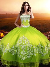 Glorious Yellow Green Taffeta Lace Up Sweetheart Sleeveless Floor Length Sweet 16 Quinceanera Dress Beading and Appliques