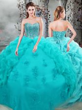 Suitable Aqua Blue Sleeveless Organza Lace Up Quinceanera Gowns for Military Ball and Sweet 16 and Quinceanera