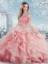 Extravagant Sleeveless Tulle Floor Length Clasp Handle Quinceanera Dresses in Baby Pink with Beading and Ruffles