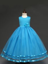  Baby Blue Ball Gowns Hand Made Flower Little Girls Pageant Dress Zipper Tulle Sleeveless Floor Length