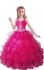 Fashionable Floor Length Fuchsia Little Girl Pageant Gowns Organza Sleeveless Beading and Ruffled Layers