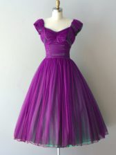 Enchanting V-neck Cap Sleeves Quinceanera Court Dresses Knee Length Ruching Purple Chiffon