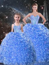 Elegant Sleeveless Organza Floor Length Lace Up 15th Birthday Dress in Blue with Beading and Ruffles