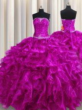 Eye-catching Fuchsia Organza Lace Up Strapless Sleeveless Floor Length Quinceanera Gown Beading and Ruffles