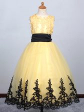 Sleeveless Lace Up Floor Length Appliques Girls Pageant Dresses