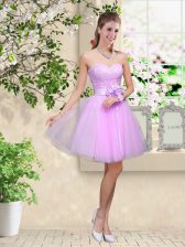 Delicate Lavender Lace Up Sweetheart Lace and Belt Quinceanera Dama Dress Tulle Sleeveless
