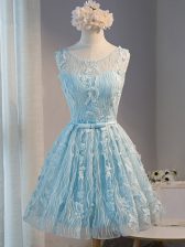 Spectacular Light Blue A-line Scoop Sleeveless Tulle Mini Length Lace Up Lace and Appliques Prom Party Dress