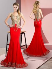  Side Zipper Dress for Prom Red for Prom and Party and Beach with Beading and Appliques Brush Train