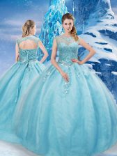 Artistic Lace Up Quince Ball Gowns Aqua Blue for Military Ball and Sweet 16 and Quinceanera with Beading Brush Train