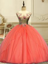 Cute Orange Red Sleeveless Floor Length Appliques Lace Up Sweet 16 Dresses