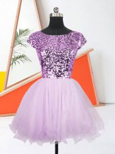  Lavender A-line Sequins Prom Evening Gown Lace Up Organza Sleeveless Mini Length