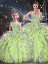 Elegant Sleeveless Floor Length Beading and Ruffles Lace Up 15th Birthday Dress with Yellow Green