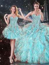 Dazzling Ball Gowns Vestidos de Quinceanera Aqua Blue Sweetheart Organza Sleeveless Floor Length Lace Up