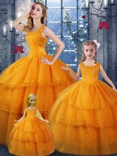  Sleeveless Floor Length Ruffled Layers Lace Up 15th Birthday Dress with Orange