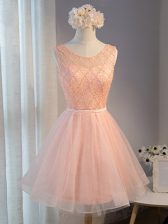 Dynamic Peach A-line Scoop Sleeveless Tulle Zipper Beading and Belt Homecoming Dress
