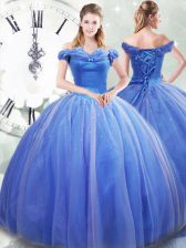 Amazing Light Blue Ball Gowns Off The Shoulder Sleeveless Tulle Brush Train Lace Up Pick Ups Ball Gown Prom Dress