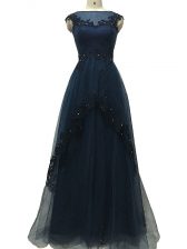 Nice Navy Blue Bateau Neckline Lace and Appliques Prom Evening Gown Sleeveless Zipper