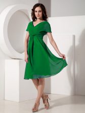 Best Green Short Sleeves Ruching Knee Length Prom Dresses