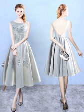  Silver Backless Court Dresses for Sweet 16 Appliques Sleeveless Tea Length