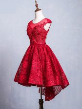 Customized Red Short Sleeves High Low Lace and Appliques and Belt Lace Up Prom Dresses