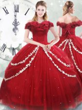Modest Wine Red Off The Shoulder Neckline Appliques and Pick Ups Sweet 16 Quinceanera Dress Sleeveless Lace Up