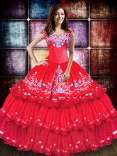 Superior Embroidery and Ruffled Layers Quinceanera Dresses Coral Red Lace Up Sleeveless Floor Length