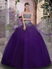  Purple Sleeveless Beading Floor Length Quince Ball Gowns