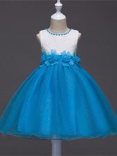 Amazing Knee Length Baby Blue Little Girls Pageant Dress Tulle Sleeveless Lace and Hand Made Flower