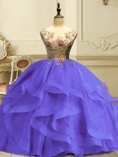  Lavender Sleeveless Floor Length Appliques and Ruffles Lace Up Vestidos de Quinceanera