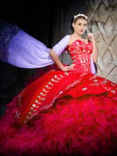  Sleeveless Organza Brush Train Lace Up Quinceanera Gown in Red with Embroidery and Ruffles