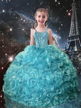  Teal Organza Lace Up Little Girls Pageant Gowns Sleeveless Floor Length Beading and Ruffles
