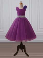 Enchanting Tea Length Purple Girls Pageant Dresses Scoop Sleeveless Zipper
