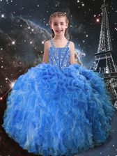 Custom Design Baby Blue Organza Lace Up Child Pageant Dress Sleeveless Floor Length Beading and Ruffles