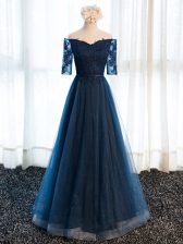 Latest Navy Blue Half Sleeves Floor Length Beading and Lace and Appliques Lace Up Prom Dresses