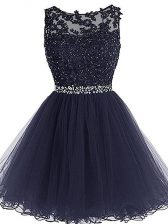 Custom Designed Mini Length Navy Blue Homecoming Dress Tulle Sleeveless Beading and Lace and Appliques and Ruffles