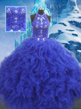 Blue Ball Gowns Scoop Sleeveless Organza Floor Length Lace Up Beading and Ruffles Sweet 16 Dress