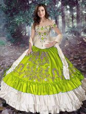  Yellow Green Off The Shoulder Lace Up Embroidery and Ruffled Layers Quince Ball Gowns Sleeveless