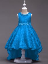  Blue Lace Up Pageant Gowns For Girls Beading Sleeveless High Low