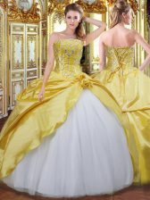 Best Floor Length Gold Quinceanera Dresses Strapless Sleeveless Lace Up