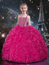 On Sale Fuchsia Ball Gowns Organza Straps Sleeveless Beading and Ruffles Floor Length Lace Up Little Girls Pageant Gowns